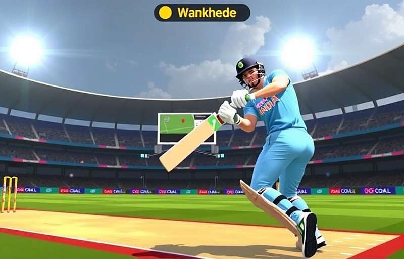 Cricket Power Hits India gameplay showing a batsman hitting a six in Wankhede Stadium