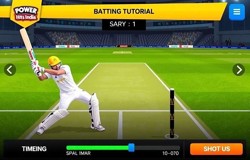 Cricket Power Hits India batting tutorial showing timing meter and shot selection