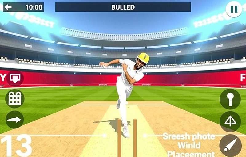 Cricket Power Hits India bowling action showing a spinner delivering a ball with field placement interface