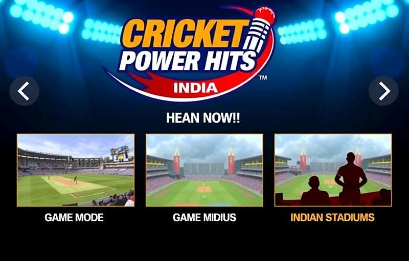 Cricket Power Hits India main menu showing different game modes and Indian stadiums